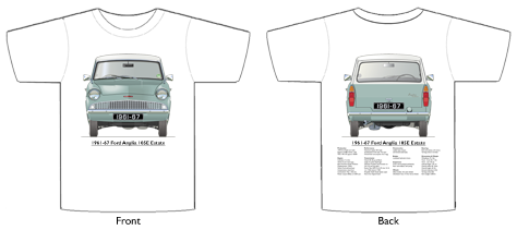 Ford Anglia 105E Deluxe Estate 1961-65 T-shirt Front & Back